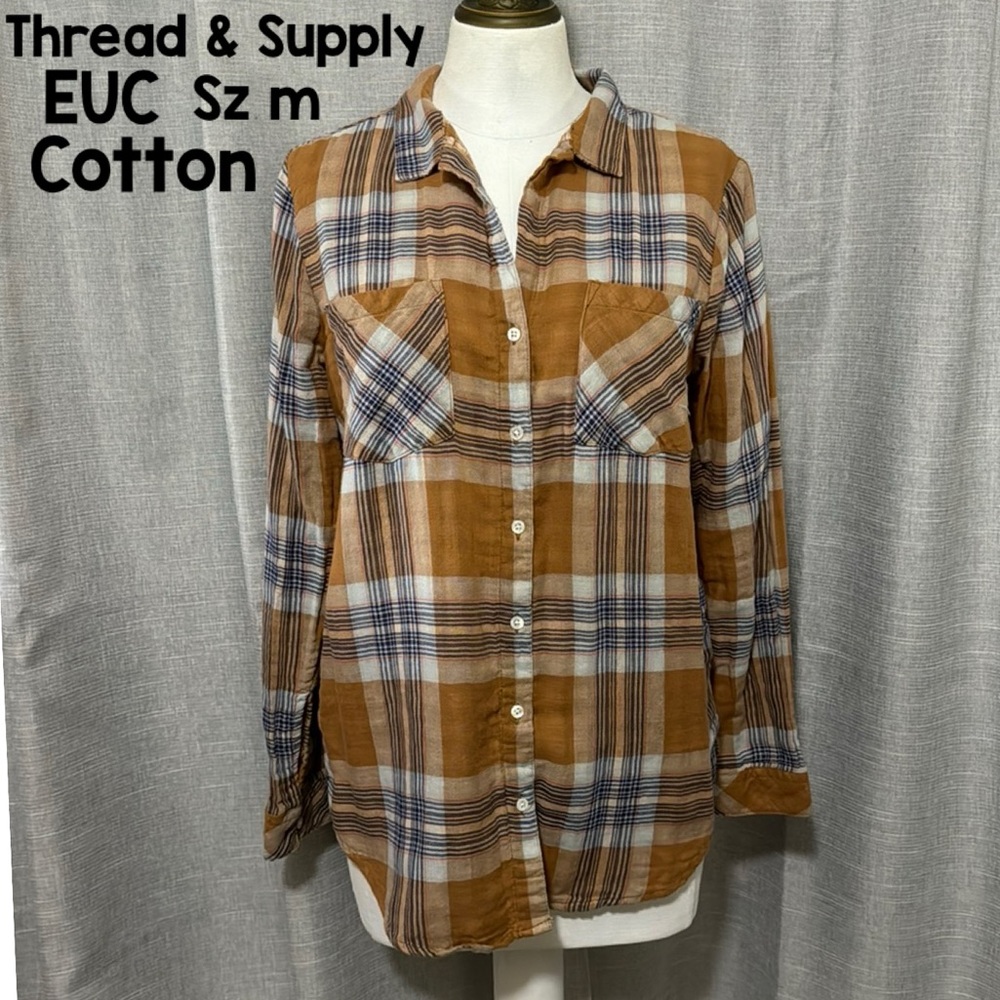 Thread & Supply Button up Shirt-Wmns Sz M-Brown Toned Plaid-Cotton-EUC